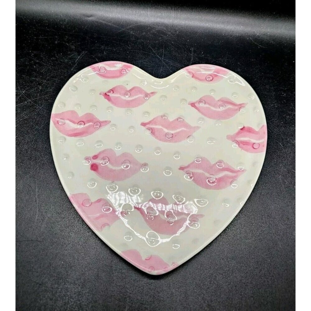 Valentine's Day Heart Shaped Dish With Pink Lips Lipstick Italy Signed Love